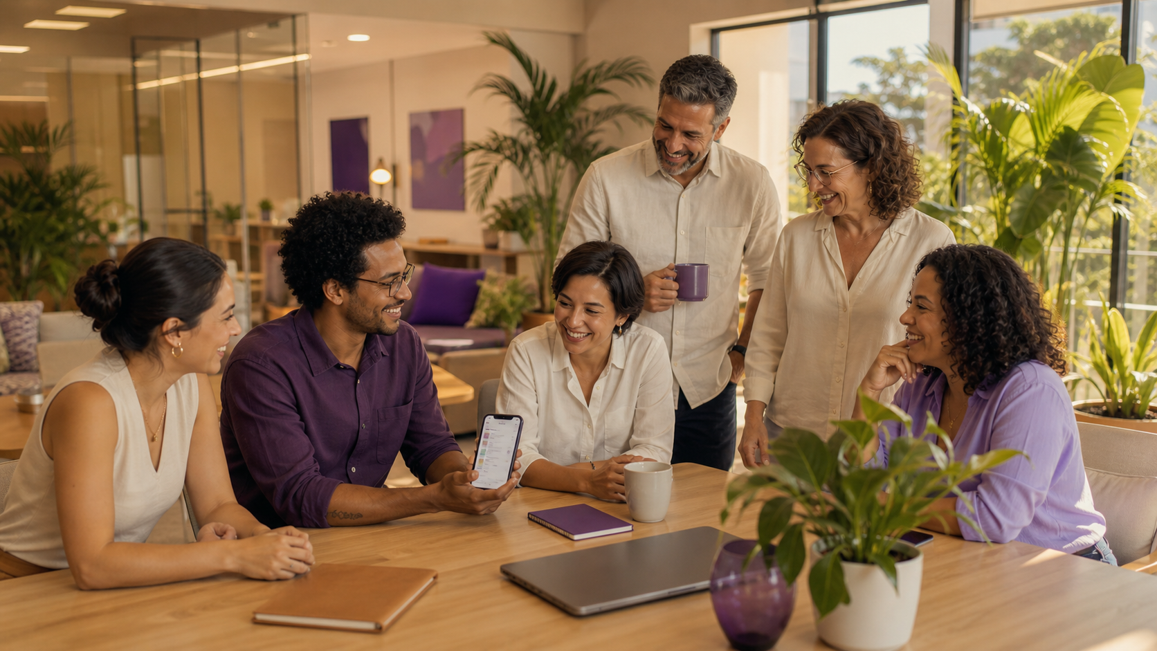 Equipe corporativa diversa engajada com o benefício do Cartão Capital