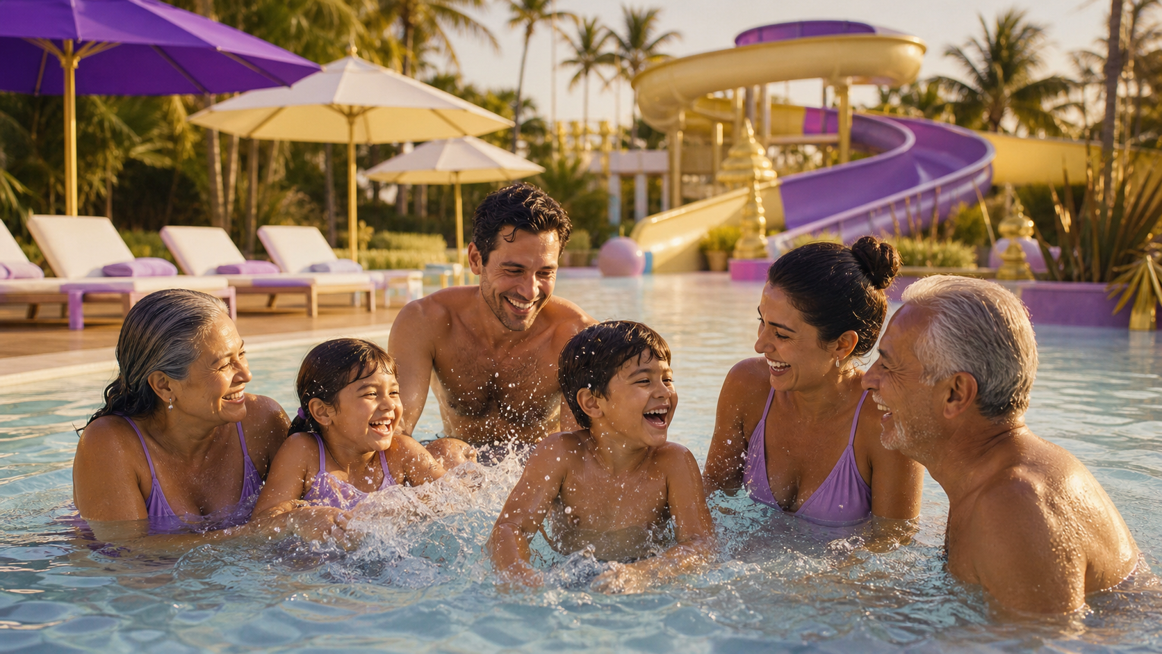 Família multigeracional aproveitando o parque aquático parceiro do Cartão Capital